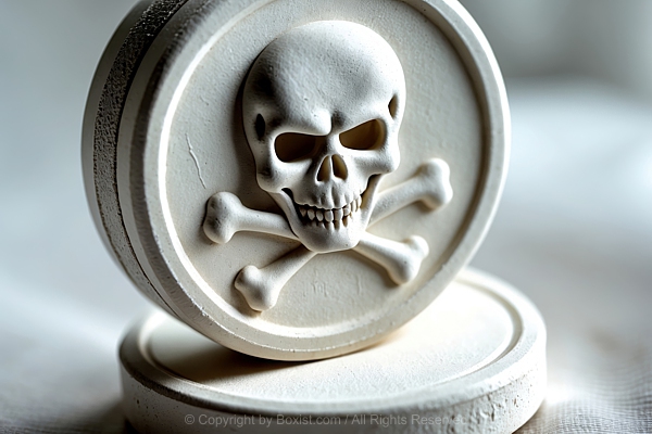 Two Round White Medicine Tablets With Embossed Skull And Crossbones
