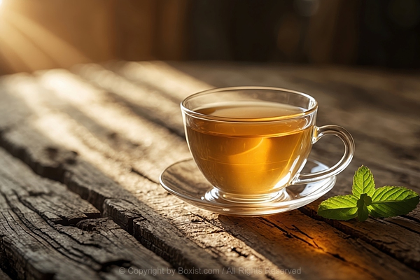 Cup Of Hot Tea With Fresh Green Mint Leaves On Rustic Wooden Table