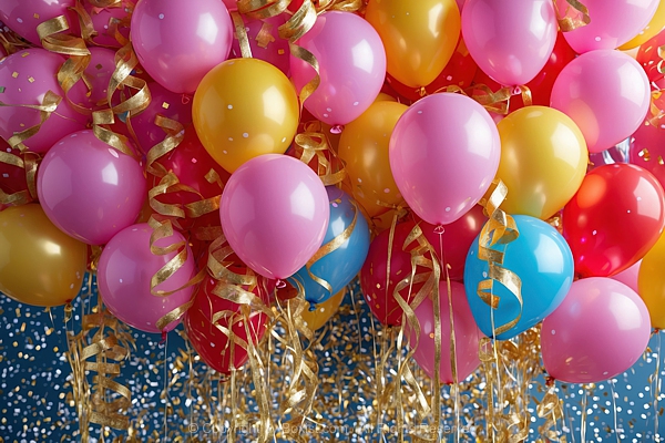Colorful Balloons Tangled With Shimmering Golden Ribbons With Glitter And Confetti