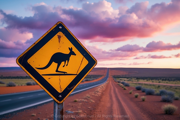 Kangaroo Crossing Area On Old Rusty Road Sign With Landscape View
