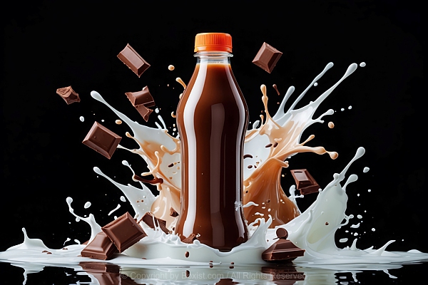 Cocoa Milk Drink In Bottle With Splashes Of Milk And Chocolate