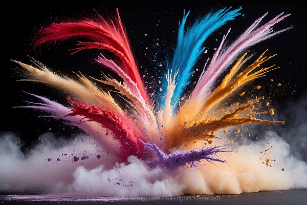 Vibrant Pigments Dust Cloud With Smoke Against Black Background