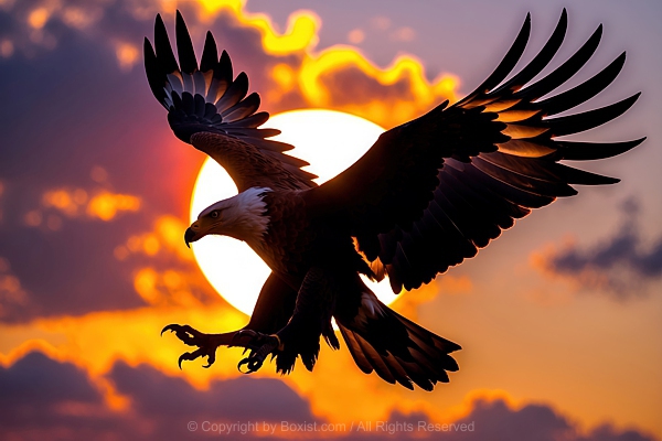 Eagle Silhouette With Open Wings In Flight Against Cloudy Sky At Sunset