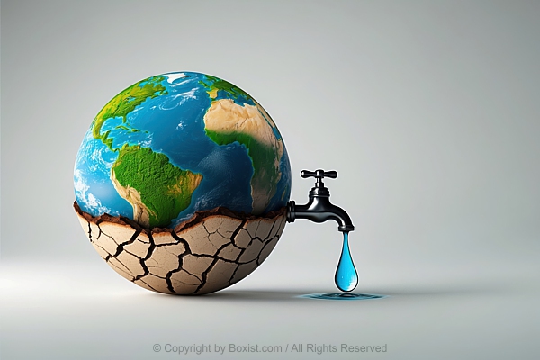 Earth With Half Of Green And Blue Oceans And Cracked Dry Surface With Metal Water Faucet