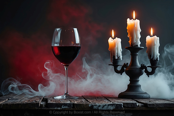 Glass Of Red Wine With Black Candelabrum With Melted White Candles On Wooden Table