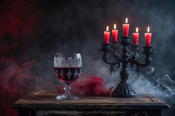 Glass Filled With Red Wine Next To Black Candelabrum With Red Candles On Wooden Table