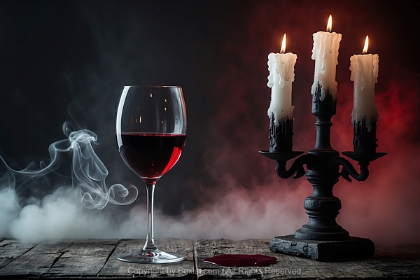 Glass Of Red Wine With Old Candelabrum On Wooden Table
