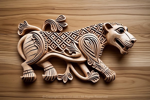 Engraved Wooden Lion From The Side Artwork