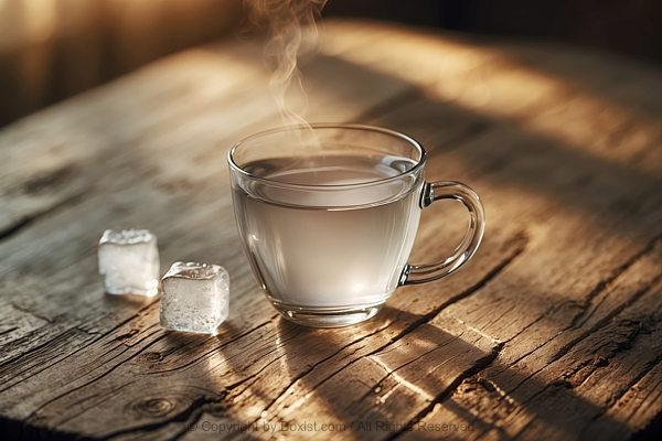 Glass Of Hot Water With Some Ice Cubes Next To It And Placed On Rustic Wooden Table