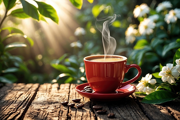 Steaming Red Cup Of Coffee Placed On A Rustic Wooden Table With Surrounded By Lush Greenery