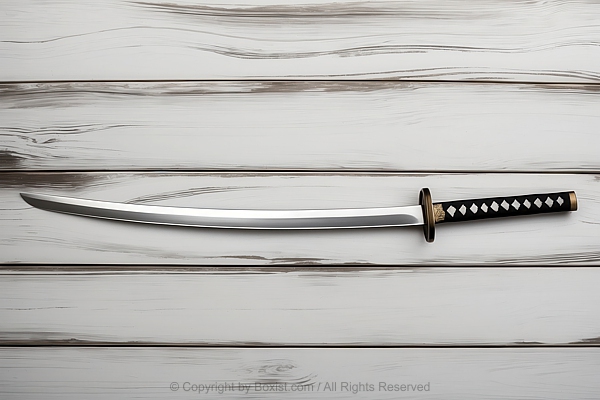 Traditional Japanese Katana Sword On Wooden Surface