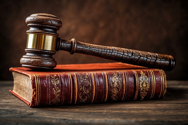 Closeup Of Cracked Wooden Judge Gavel On Top Of Old Book