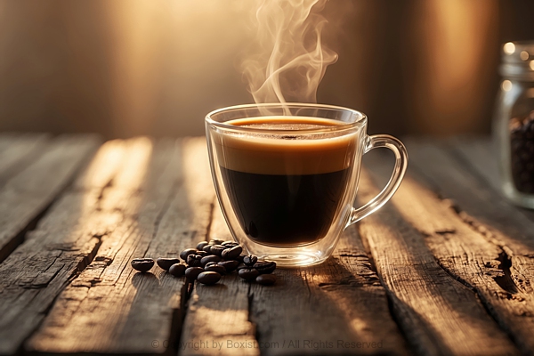 Cup Of Black Coffee Sits Elegantly On Rustic Wooden Table With Coffee Beans