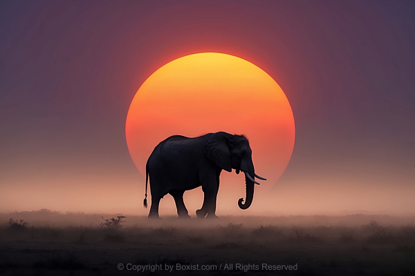 Elephant Walking At Misty Sunset With Large Sun