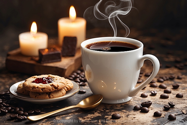 Coffee In White Mug With Golden Spoon And Cookies With Candles And Beans And Chocolate On Wooden Table