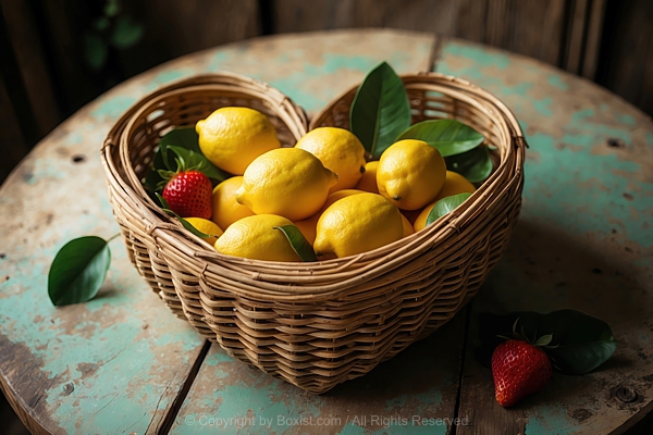 Fresh Yellow Lemons And Strawberries In Woven Heart Shaped Fruit Basket