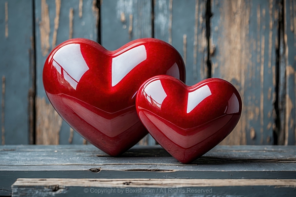 Shiny Two Large And Small Heart Shapes On Wooden Surface