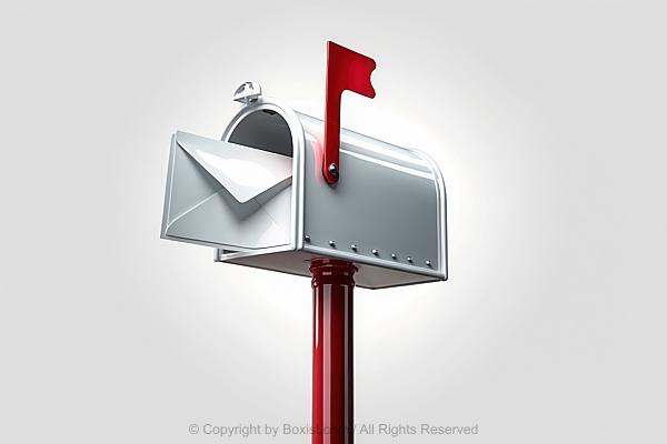 White Glossy Traditional Style Mailbox With Letters And Envelopes Mounted On Red Pole
