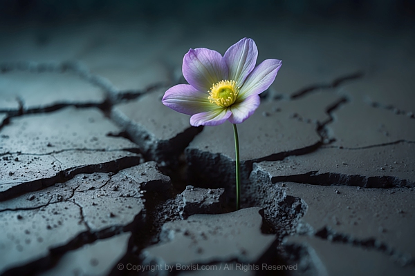 Flower With Soft Purple Petals Inside Cracked Mud Ground