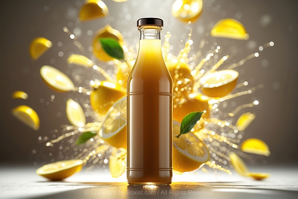 Glass Bottle Of Juice With Bursting Slices Of Lemons In the Background