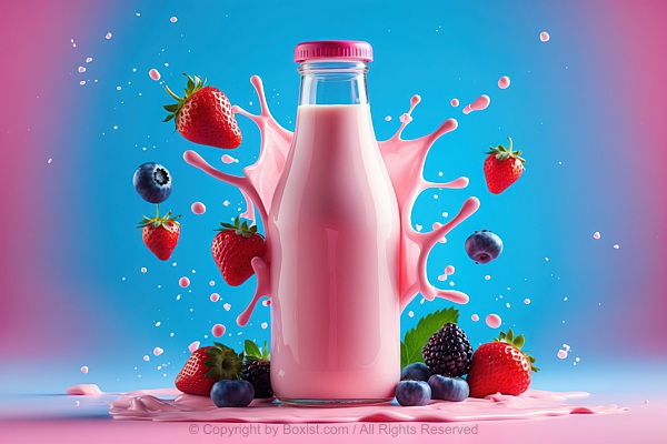 Fresh Strawberry And Berries Milk Bottle With Splashes