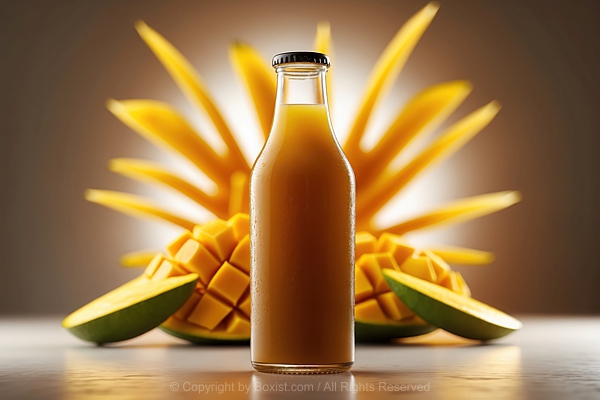 Glass Bottle Of Mango Juice With Fresh Mangos In The Background