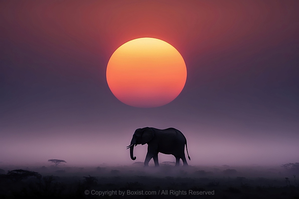 Elephant Silhouette Walking Against Misty Horizon With Large Sun In The Sky