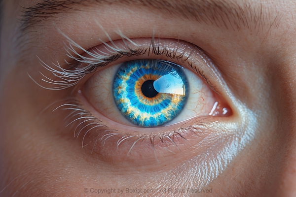 Macro Closeup Of Bright Eye Iris With Shining Blue And Hints Of Warm Golden Tones