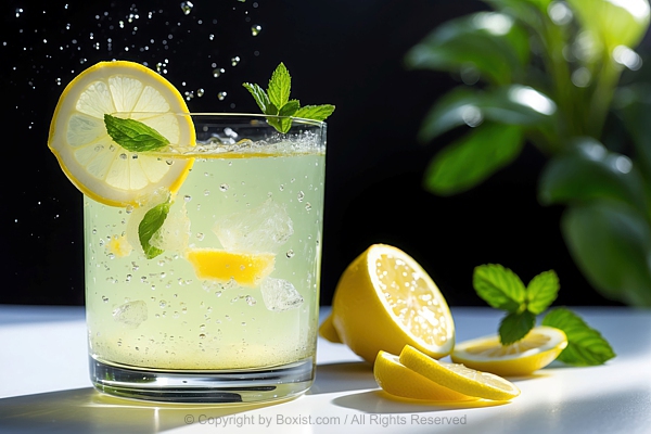 Glass Filled With Lemon Juice And Slices Of Lemon And Mint Leaves