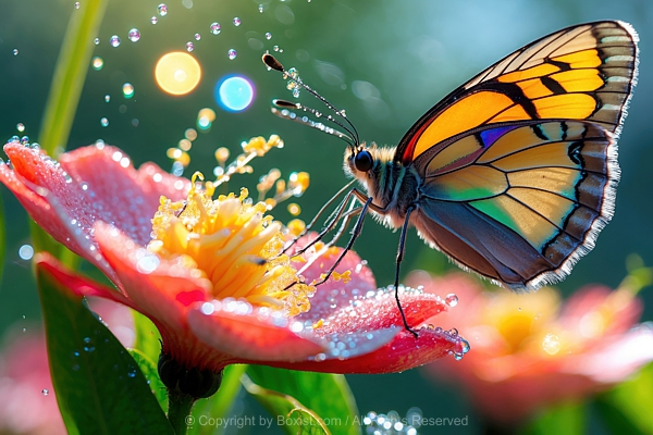 Macro Closeup Of Delicate Butterfly Over Vibrant Flower