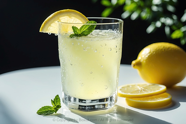 Glass Filled With Light Yellow Crystal Clear Lemon Juice And Lemon Slices