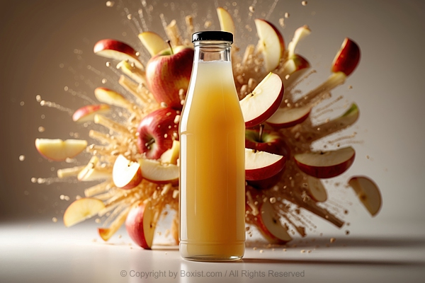 Glass Bottle Of Apples Juice With Bursting Slices Of Apples In The Background