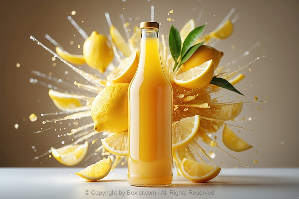 Glass Bottle Of Juice With Bursting Lemons In The Background
