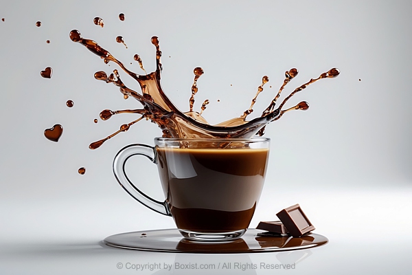 Clear Cup Of Coffee With Splash And Chocolate Pieces
