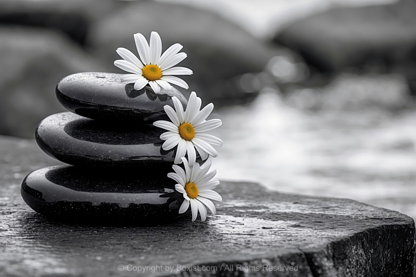 Closeup Of Balanced Stack Of Three Smooth Black Stones With Three White Daisies