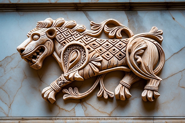 Carving Of Stylized Animal Resembling Lion On Marble Background