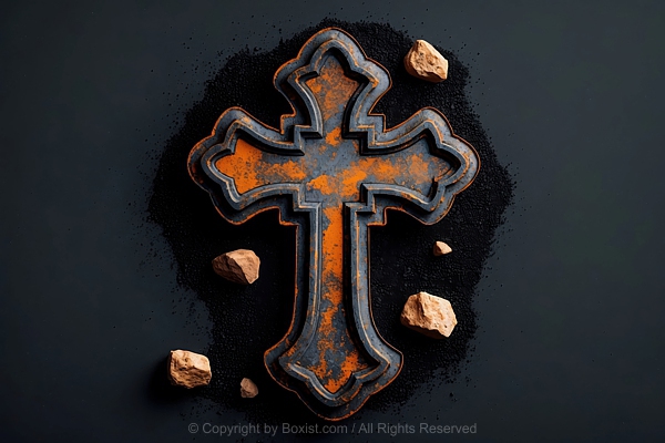 Rusty Gothic Cross With Small Rocks On Black Background