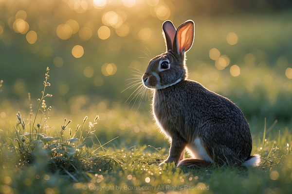 Wild Rabbit Sits In Sunlit Meadow During The Early Morning