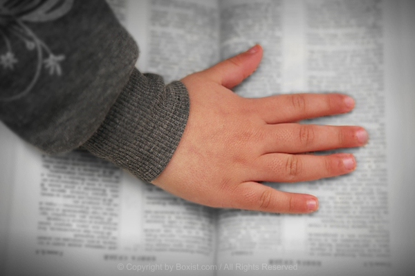 Small Child Hand Rests On Pages Of Open Book