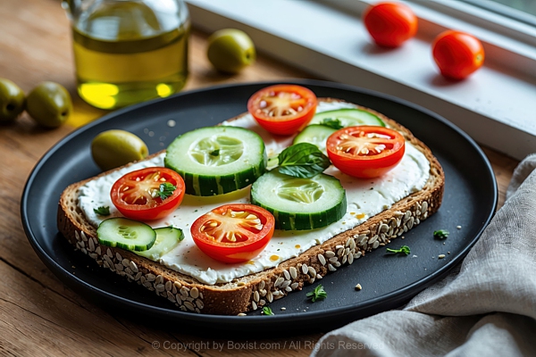 Whole Grain Bread Spread With Creamy White Cheese And Tomatoes And Cucumbers