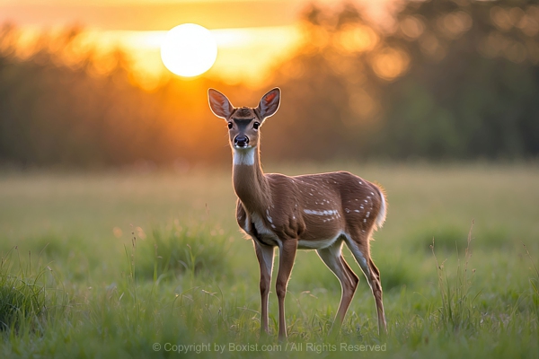 Young Deer Stands Gracefully In Field With Grass And Blurry Background