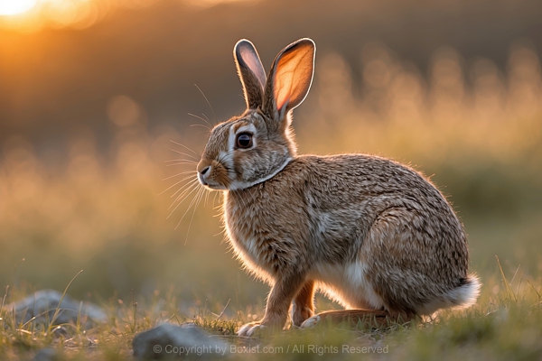 View Over Wild Rabbit Sitting On Grassland Against Blurred Natural Background