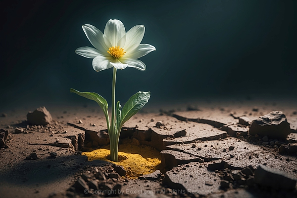 White Delicate Flower On Cracked Ground