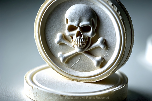 White Medicine Pills With Embossed Skull And Crossbones