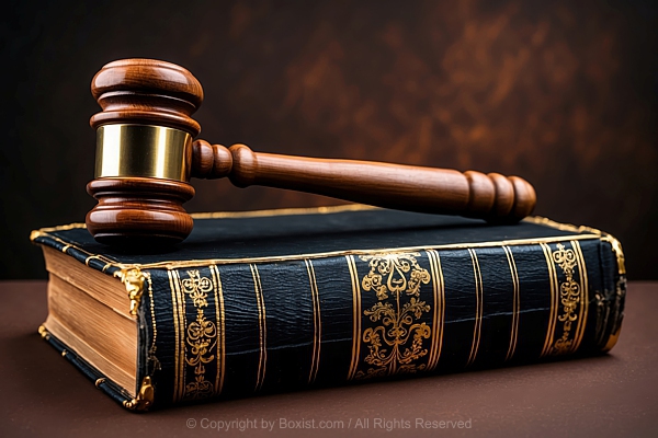 Wooden Gavel On Top Of Old Leather Bound Book