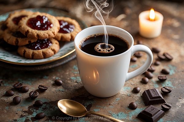 White Ceramic Mug With Coffee And Golden Spoon And Cookies On Old Wooden Table