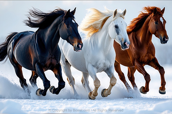 Three Horses Galloping Through Snowy Landscape