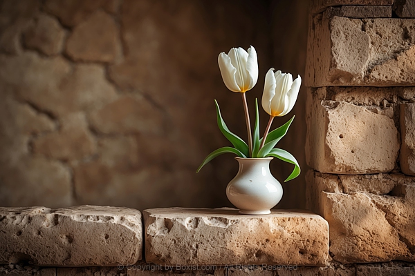 Vase With White Tulip Flower On Old Sandstone Bricks Wall