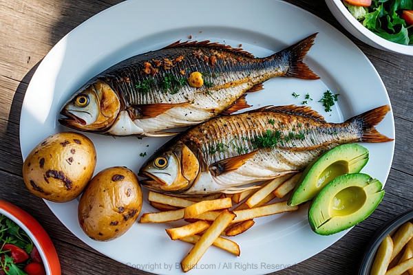 Two Grilled Fish With Roasted Potatoes And French Fries And Avocado Slices