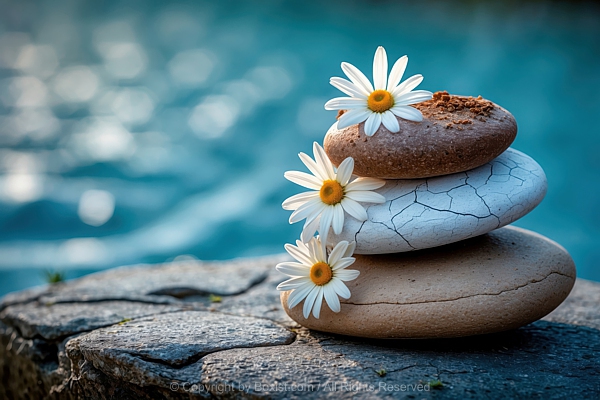 Three Stones Placed On Weathered Stone Surface With Daisy Flowers